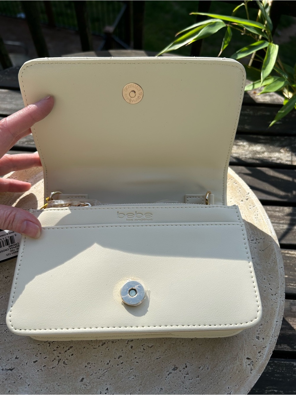 bebe Sophia Quilted Cream Crossbody Bag with Gold Plaque - Picture 3 of 9